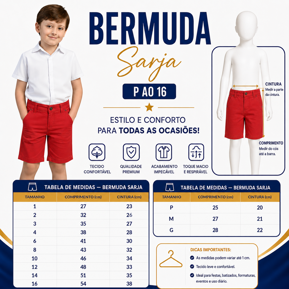 Bermuda Bolso Faca Sarja Infantil - Varias Cores