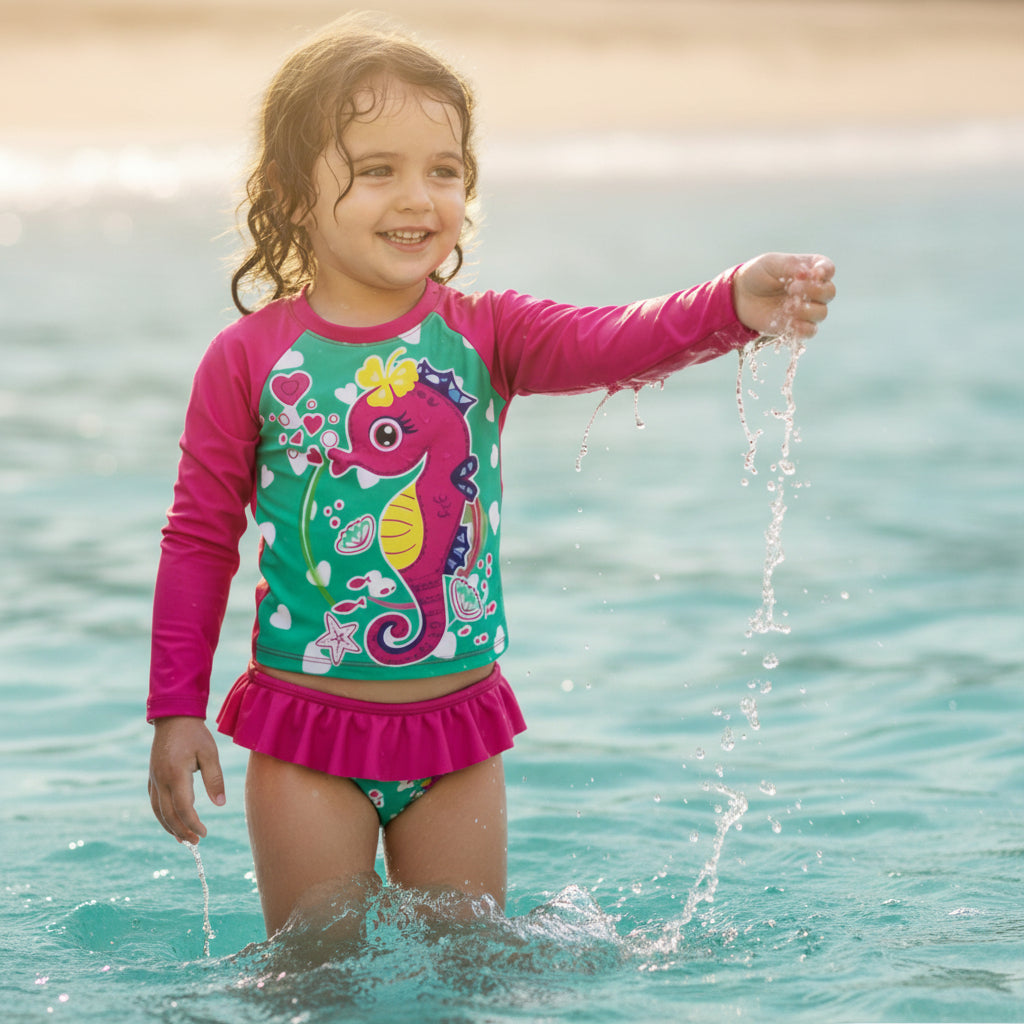 Conjunto Infantil Camisa UV e Calcinha – Moda Praia Menina com Proteção Solar