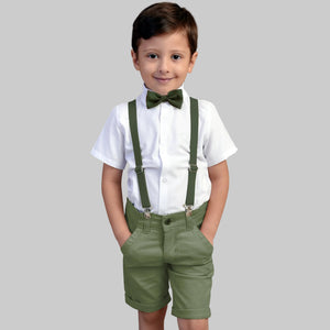 Conjunto Infantil Masculino Social Verde Oliva com Bermuda e Suspensório (1 a 12 anos)