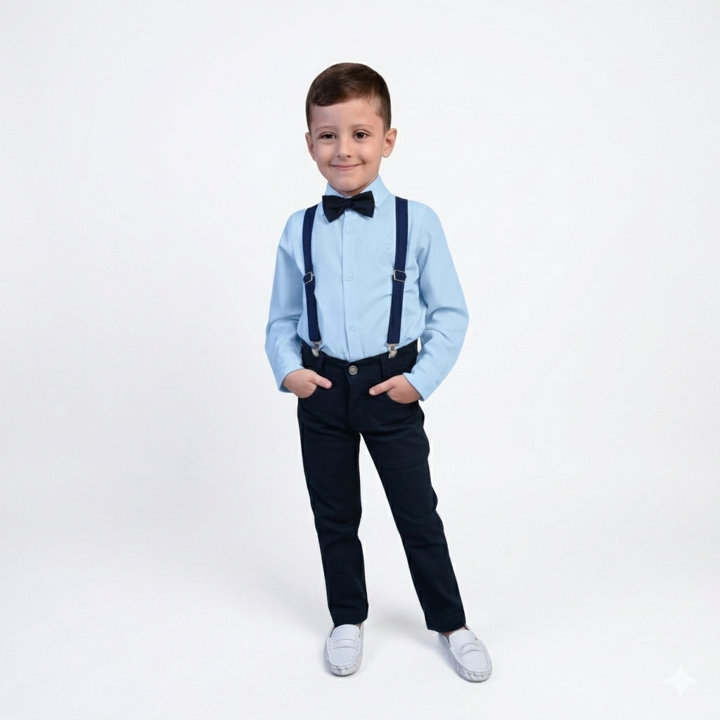 Conjunto Com Suspensório e Camisa Manga Longa Azul Bebê