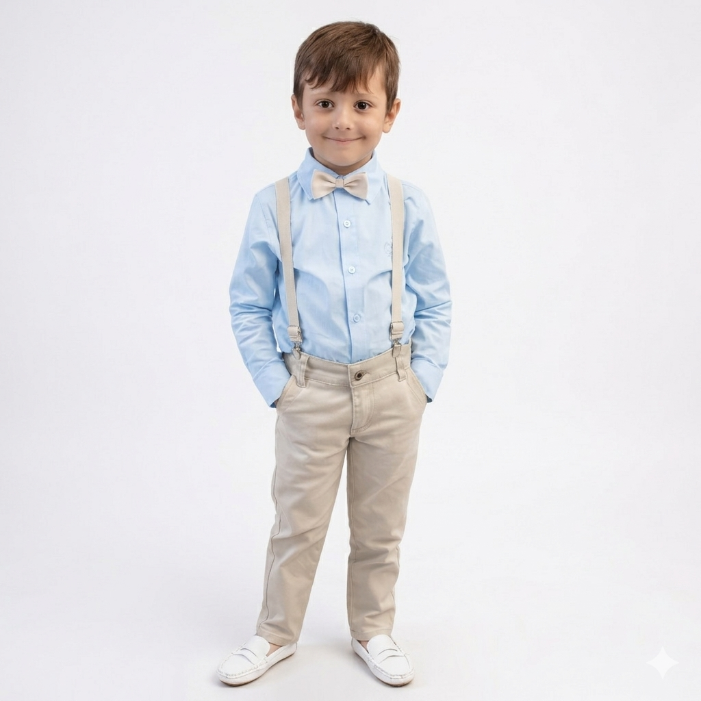 Conjunto Com Suspensório e Camisa Manga Longa Azul Bebê