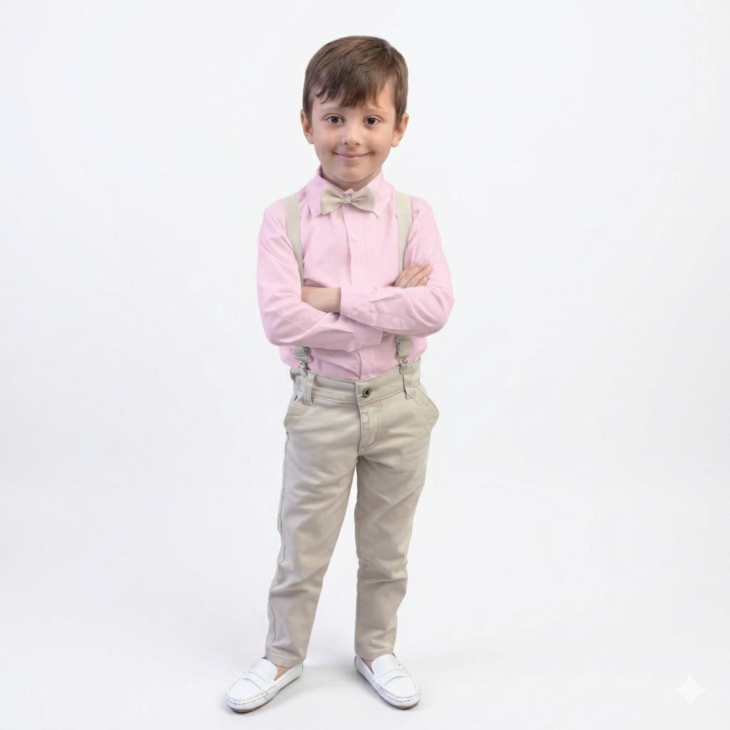 Conjunto Calça Com Suspensório e Camisa Manga Longa Rosa Bebê