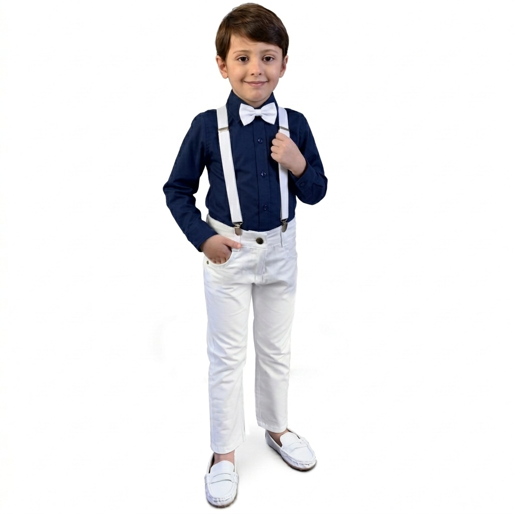 Conjunto Com Suspensório e Camisa Manga Longa Azul Marinho