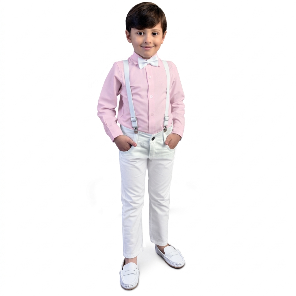 Conjunto Calça Com Suspensório e Camisa Manga Longa Rosa Bebê
