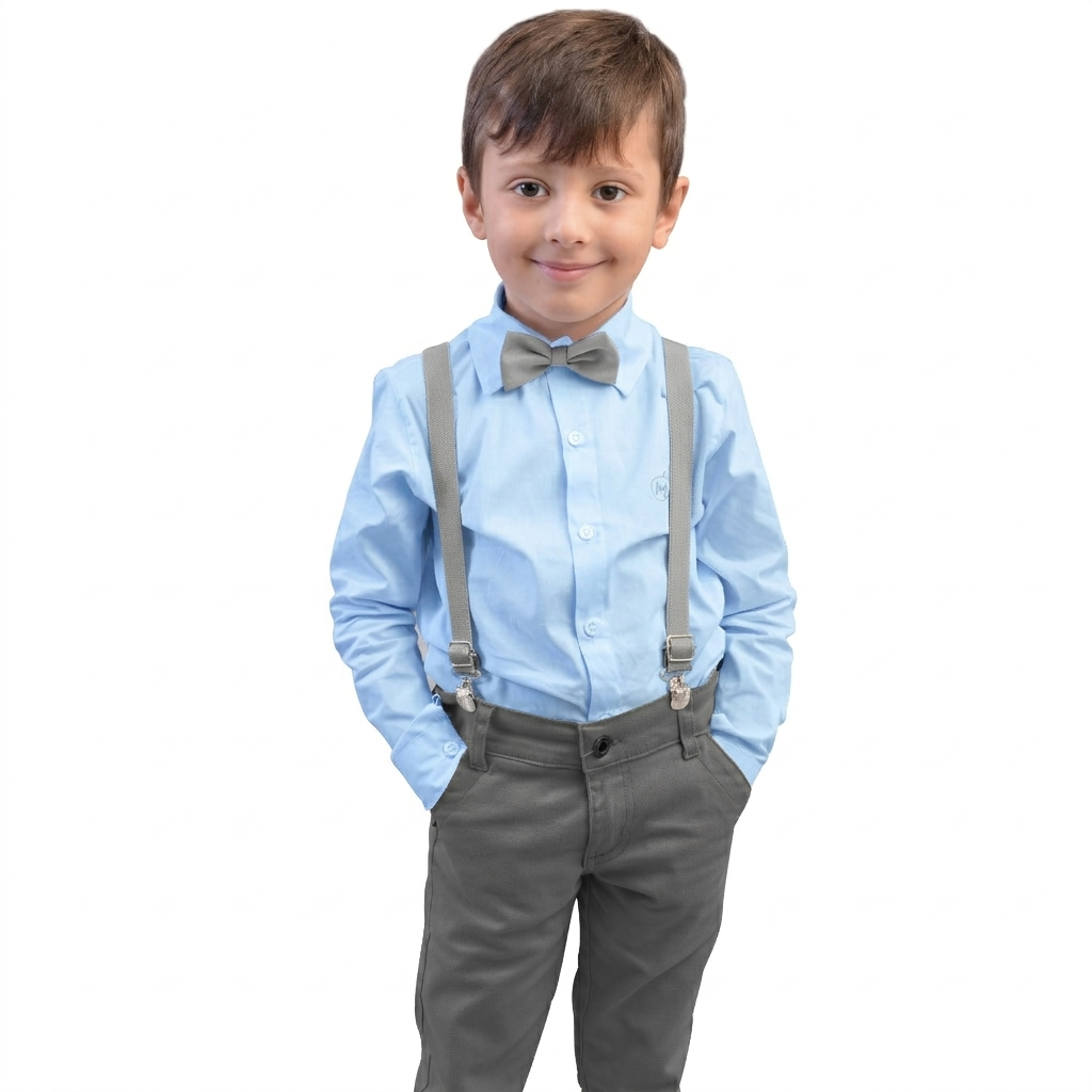 Conjunto Com Suspensório e Camisa Manga Longa Azul Bebê