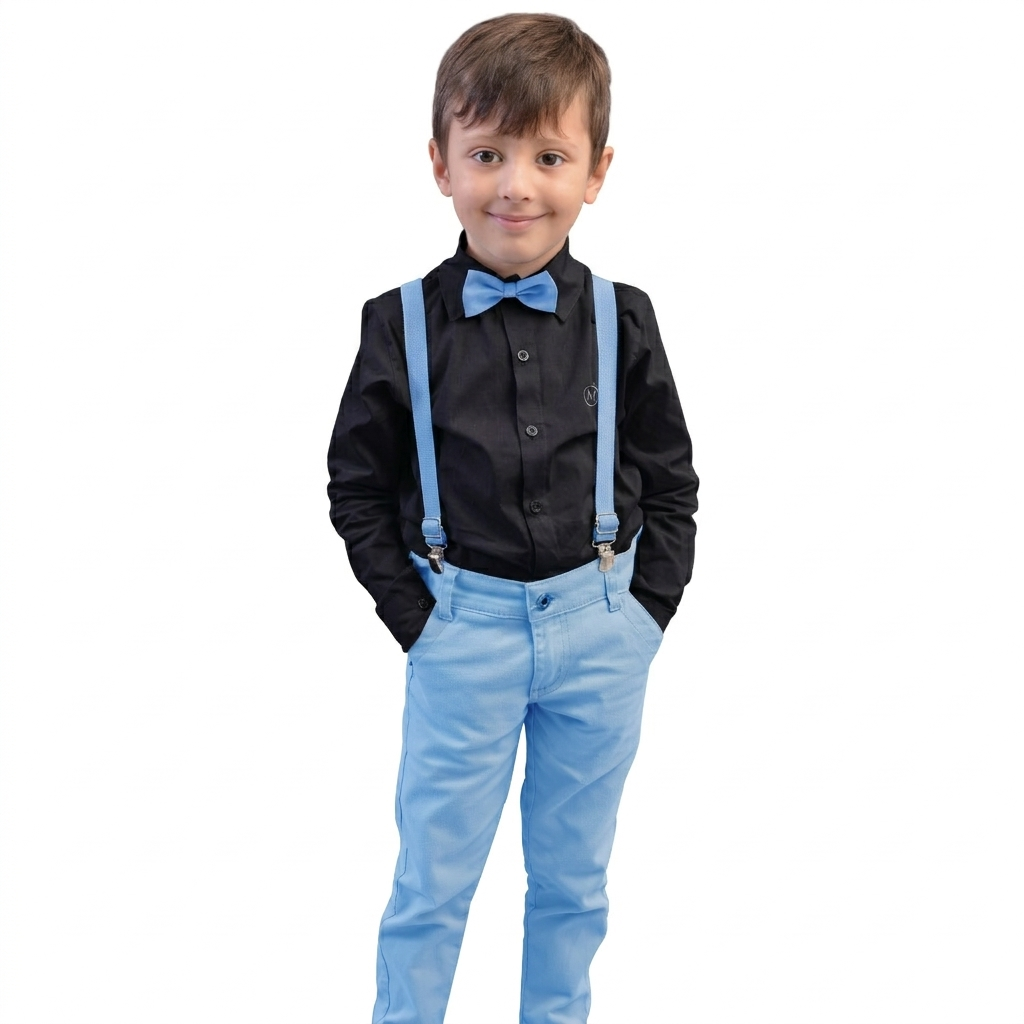 Conjunto Com Suspensório e Camisa Manga Longa Preta