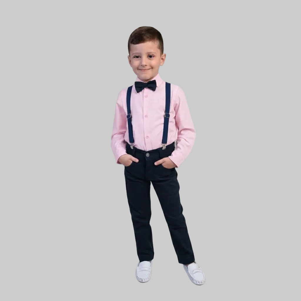 Conjunto Calça Com Suspensório e Camisa Manga Longa Rosa Bebê