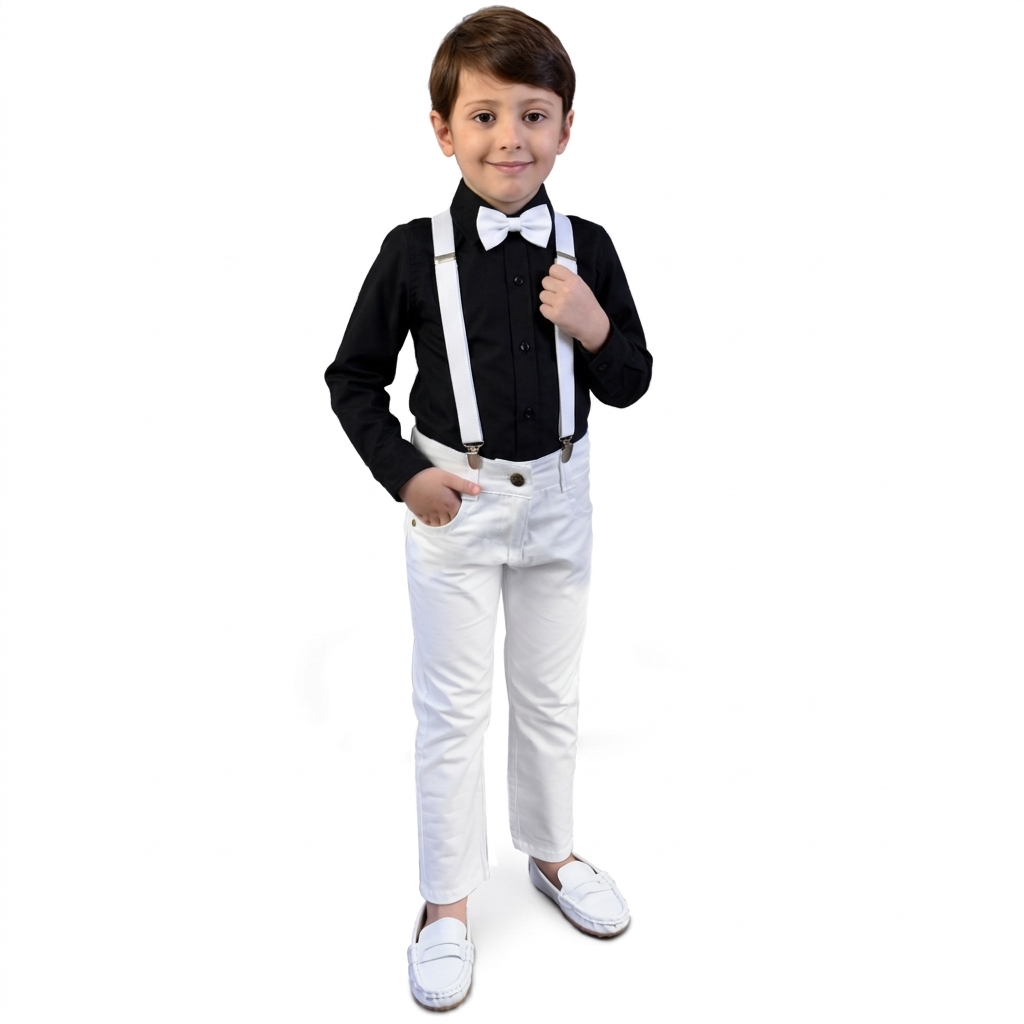 Conjunto Com Suspensório e Camisa Manga Longa Preta