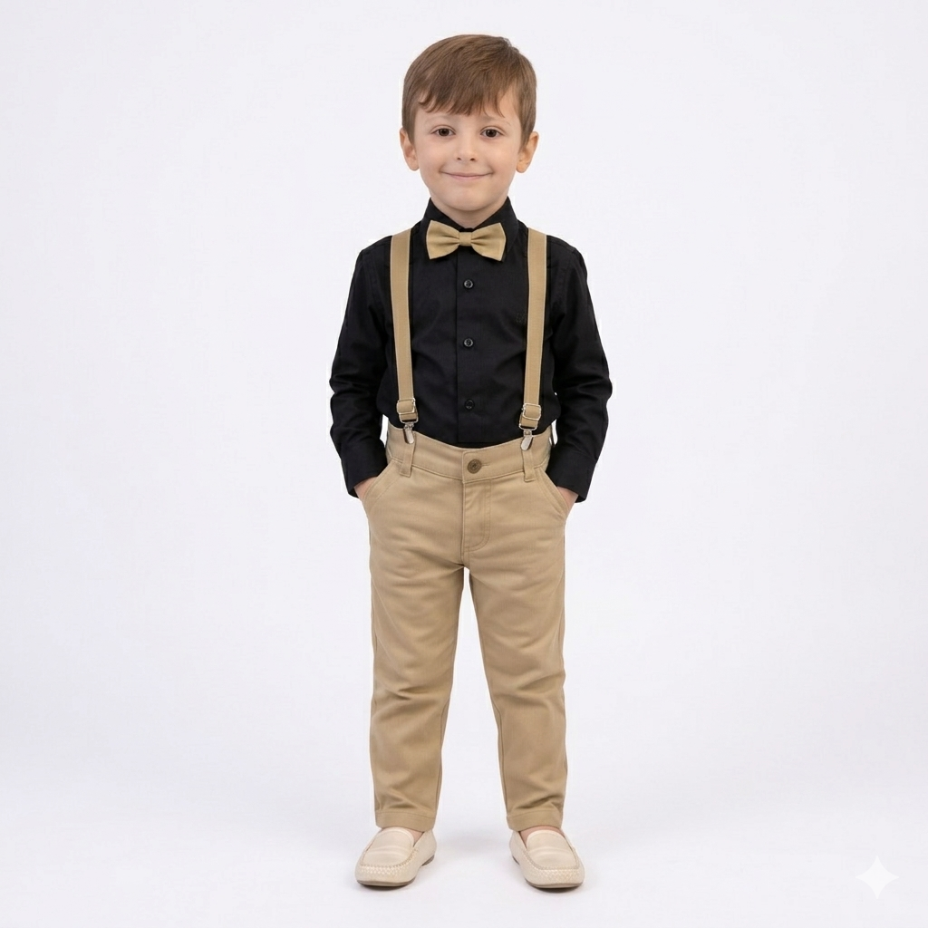 Conjunto Com Suspensório e Camisa Manga Longa Preta