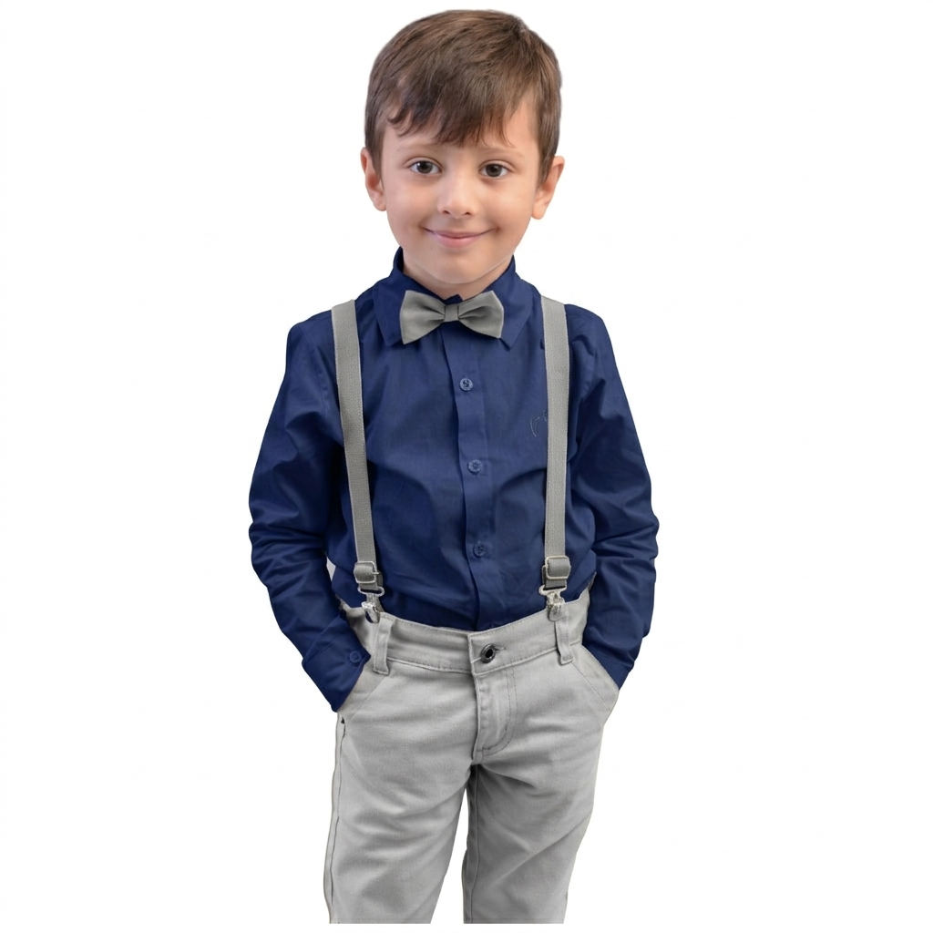 Conjunto Com Suspensório e Camisa Manga Longa Azul Marinho