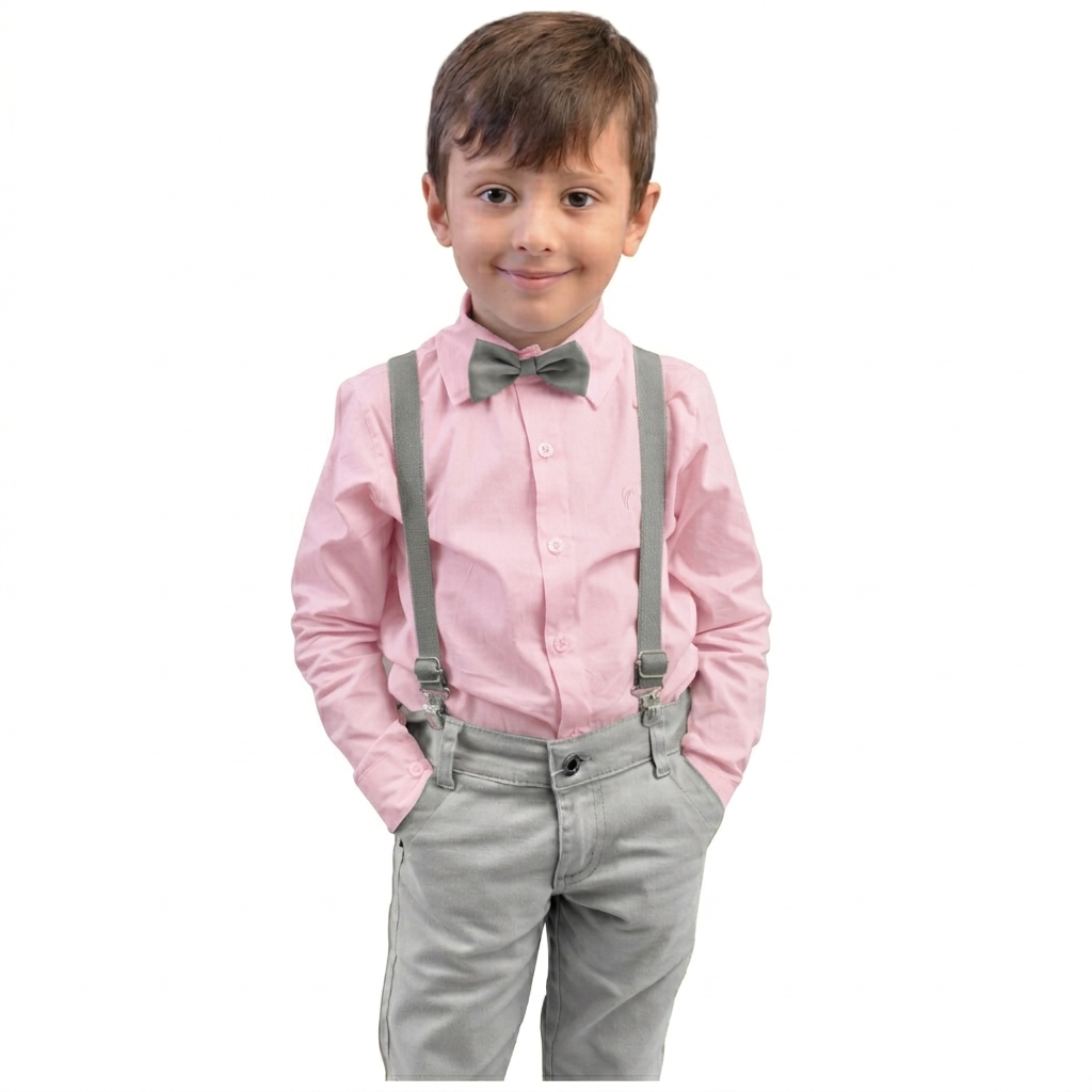 Conjunto Calça Com Suspensório e Camisa Manga Longa Rosa Bebê