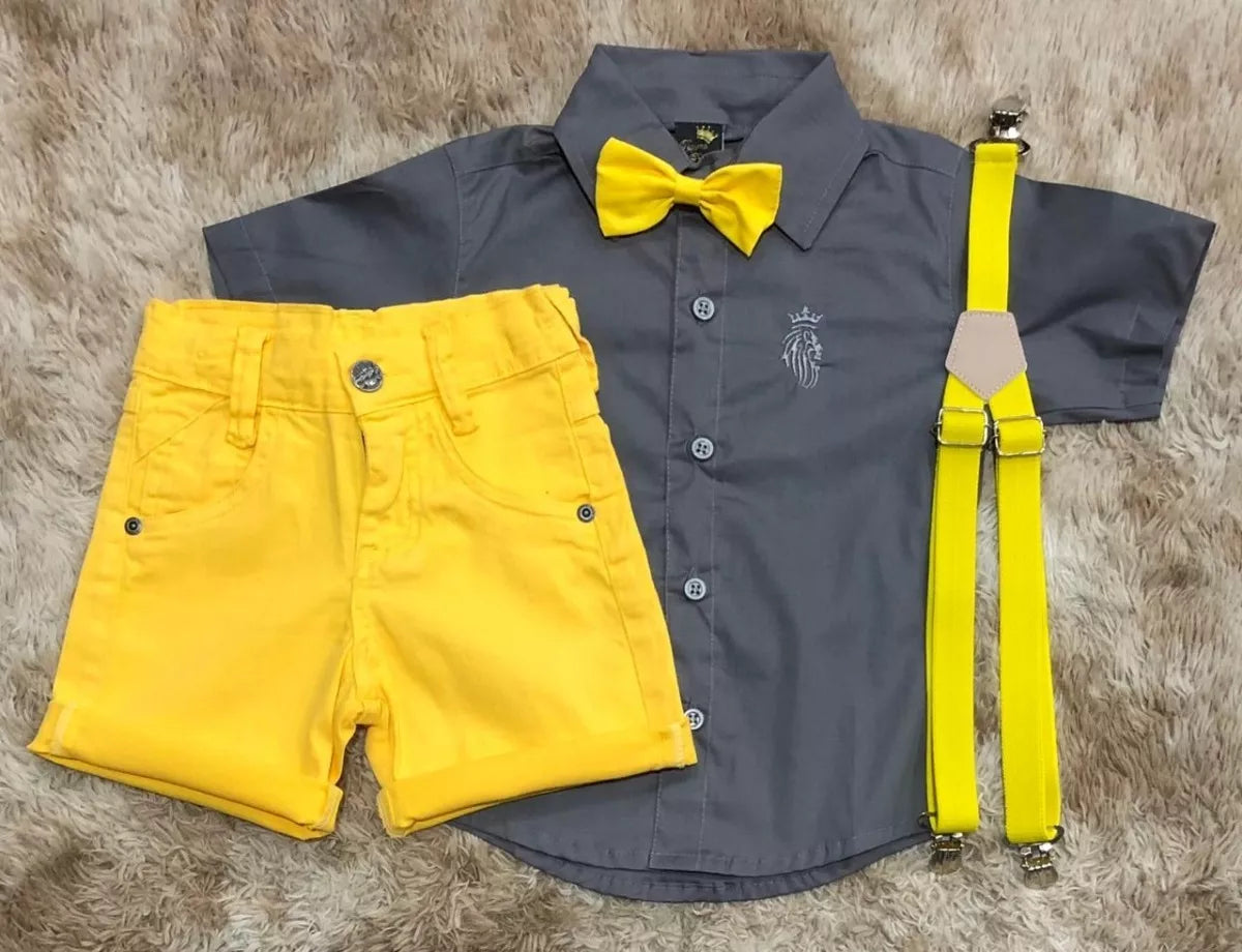 Conjunto Social Infantil Verão 4 Peças Amarelo e cinza (Atacado)