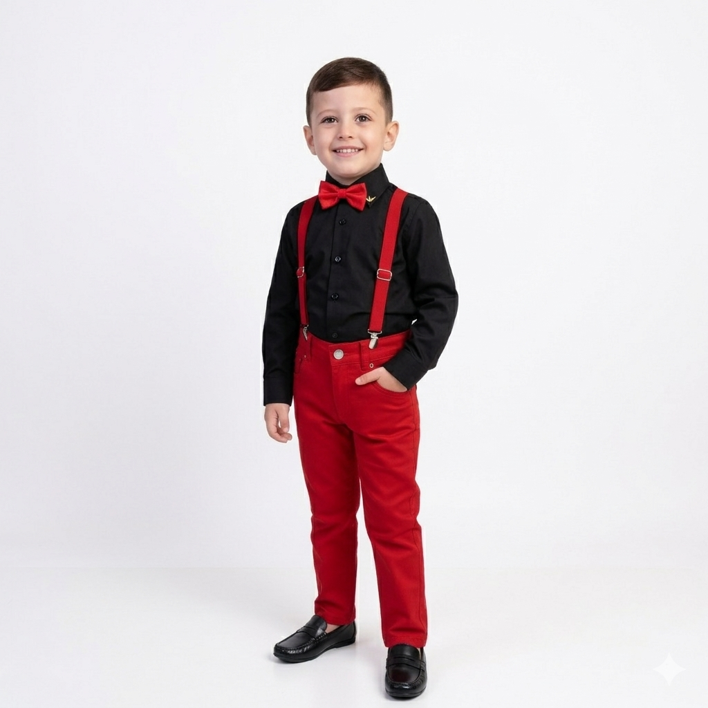 Conjunto Com Suspensório e Camisa Manga Longa Preta