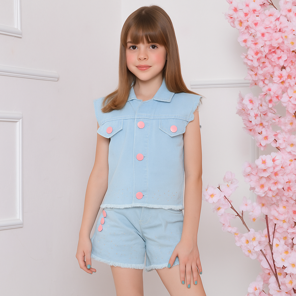 Conjunto Jeans Infantil Menina  Colete e Short Brilho Luxo