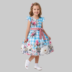 Vestido Festa Junina Infantil Azul e Vermelho com Laços 2 ao 14 anos