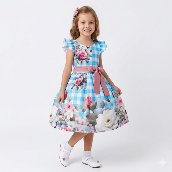 Vestido Festa Junina Infantil Azul e Vermelho com Laços 2 ao 14 anos