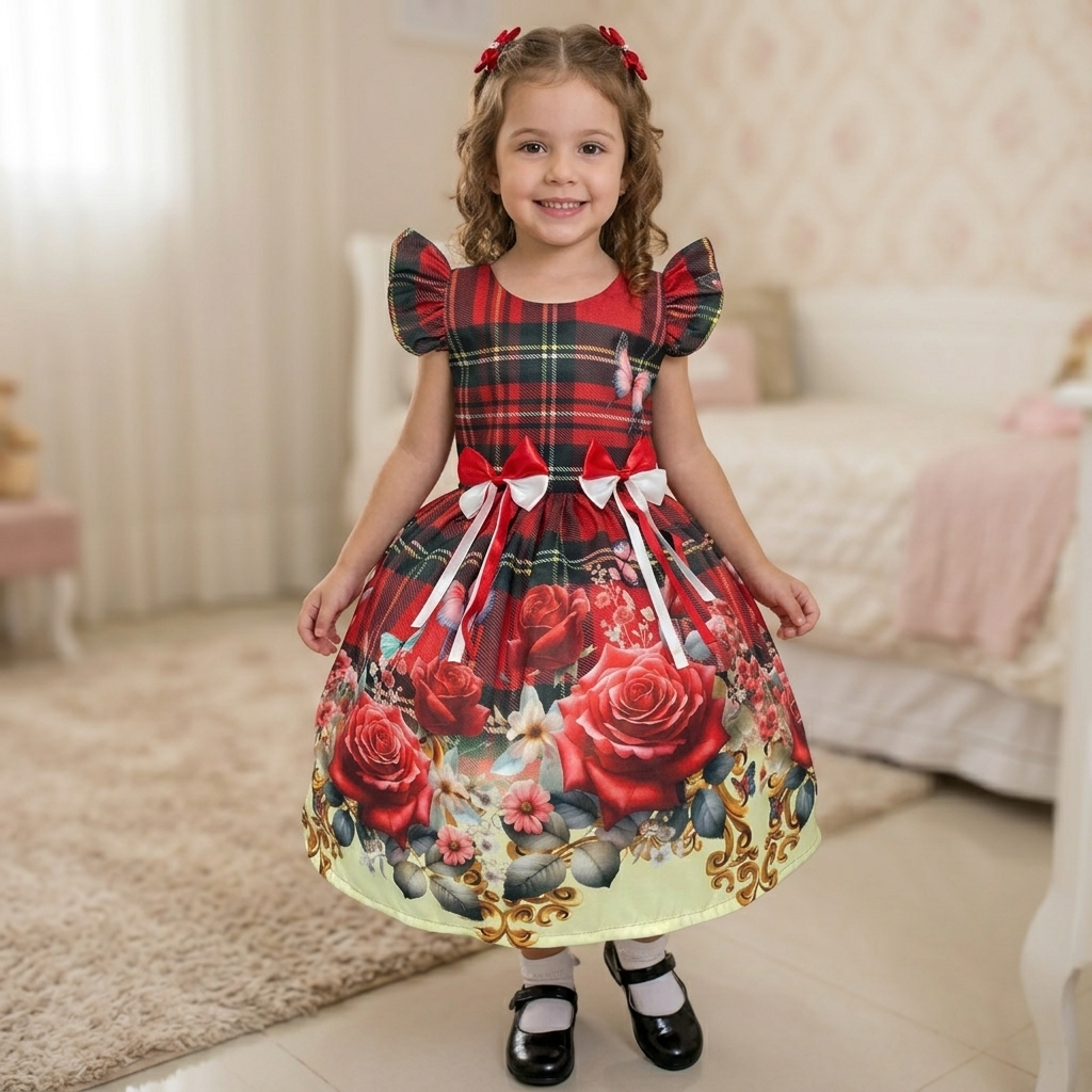 Vestido Festa Junina Infantil Azul e Vermelho com Laços 2 ao 14 anos