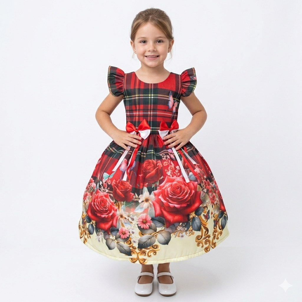 Vestido Festa Junina Infantil Azul e Vermelho com Laços 2 ao 14 anos