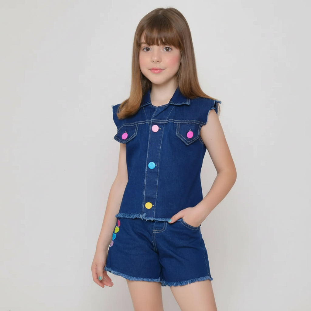 Conjunto Shorts e colete jeans escuro feminino 2 ao 8 anos
