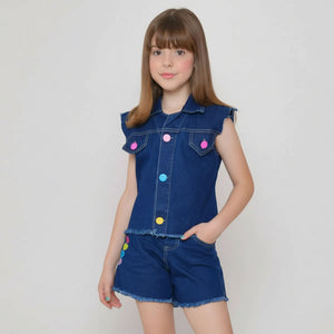 Conjunto Shorts e colete jeans escuro feminino 2 ao 8 anos