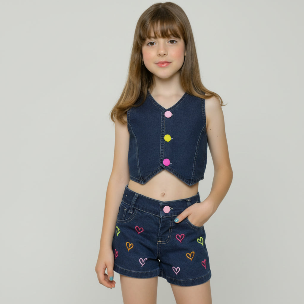 Conjunto Shorts e Cropped jeans Coração feminino 2 ao 8 anos
