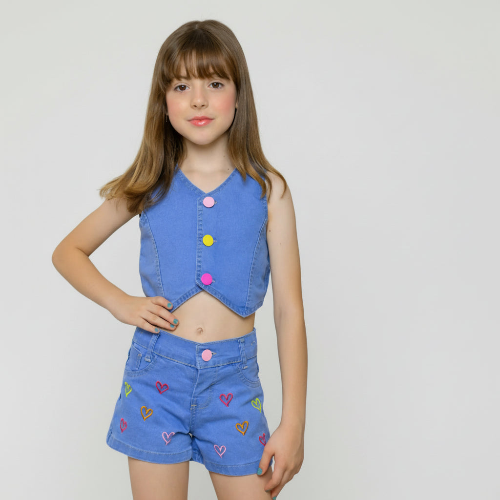 Conjunto Shorts e Cropped jeans Coração feminino 2 ao 8 anos