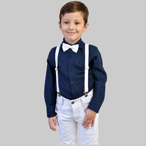 Conjunto Social Manga Longa Azul Marinho Calça Infantil Branca Masculino