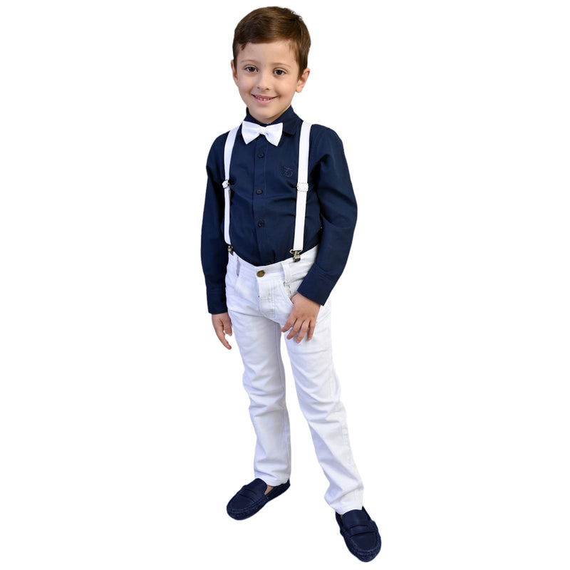 Conjunto Social Manga Longa Azul Marinho Calça Infantil Branca Masculino