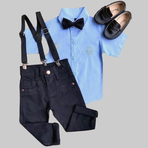 Conjunto com Sapato Menino - Gravata Borboleta - Azul Bebê Antialérgico 100% Algodão