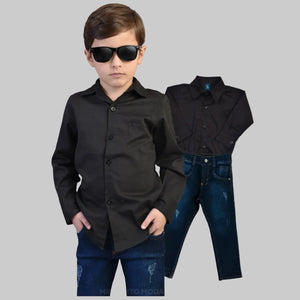 Conjunto Masculino Infantil Camisa Social Azul + Calça Jeans