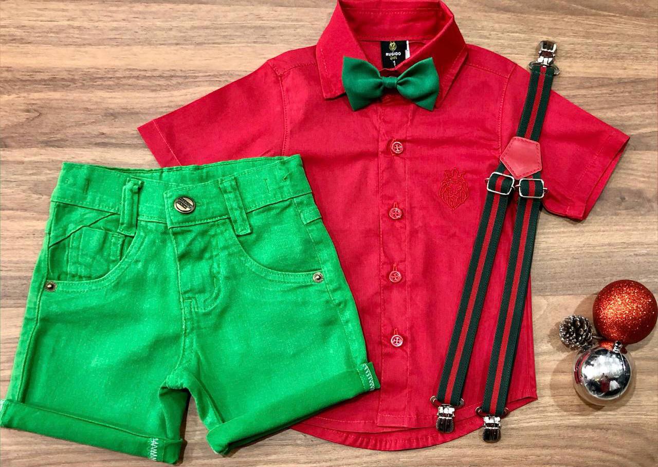 Conjunto Natal Menino Infantil bebê - Camisa Bermuda Gravata
