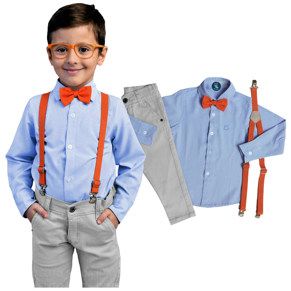 Roupa temática ideal para festa Blippi com calça bege com azul bebe P ao 16 anos