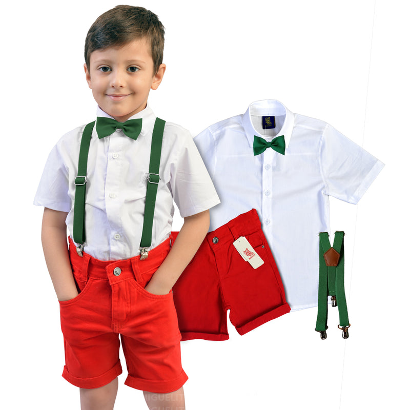 Conjunto Social Natal Menino Ano Novo - Camisa Bermuda Gravata