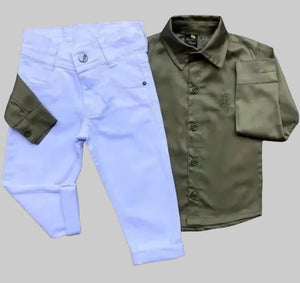 Kit 2 Peças Camisa e Calça Para Festa Verde Musgo com Branco 1 ao 8 anos