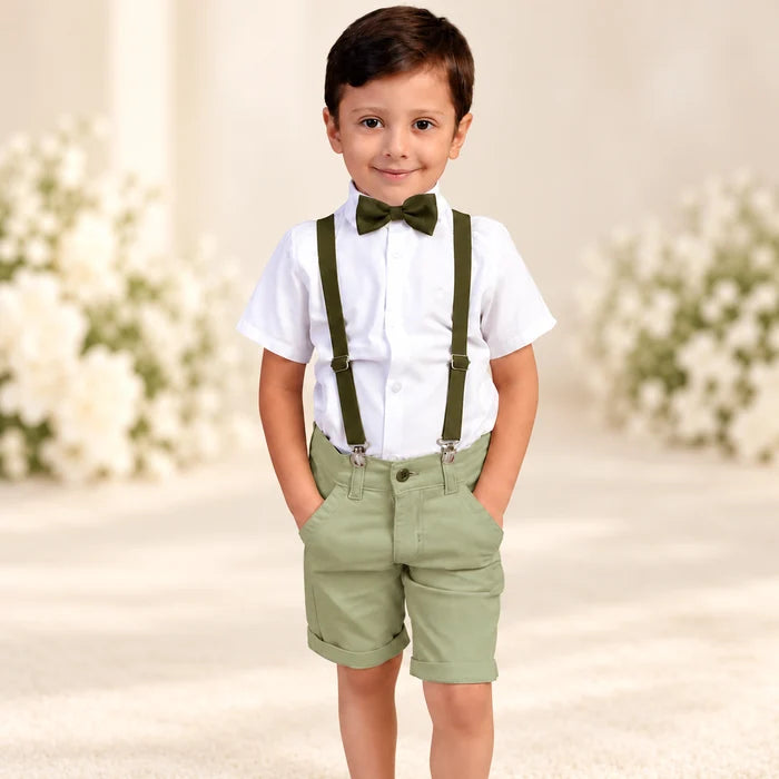 Conjunto Infantil Masculino Social Verde Oliva com Bermuda e Suspensório