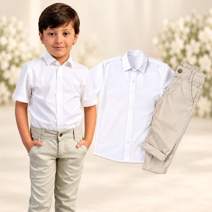Calça Bolso Faca Sarja + Camisa Manga Curta Branca