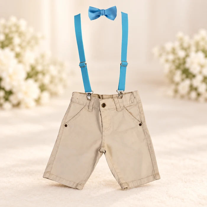 Bermuda Jeans Sarja Juvenil Com Suspensório E Gravata Borboleta Masculino