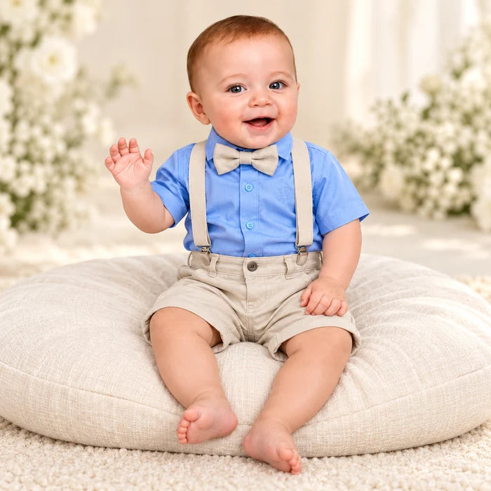 Conjunto Social Infantil Menino – Azul Claro + Bermuda Bege