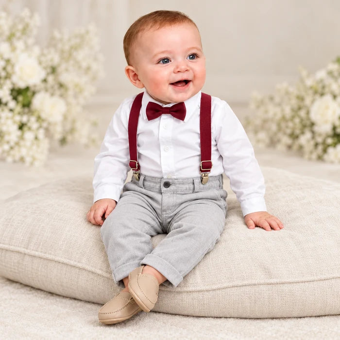Conjunto Social Infantil Menino – Branco, Cinza e Marsala