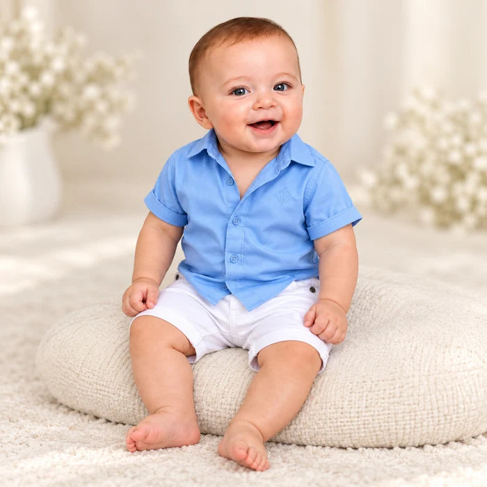 Conjunto Social Infantil Menino – Azul Claro + Bermuda Branca