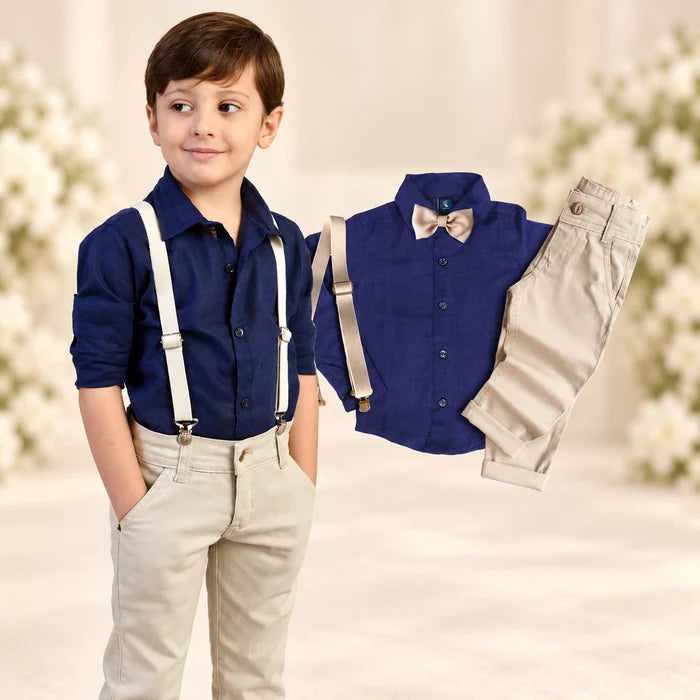Conjunto Social Infantil Menino – Camisa Azul Marinho + Calça Bege