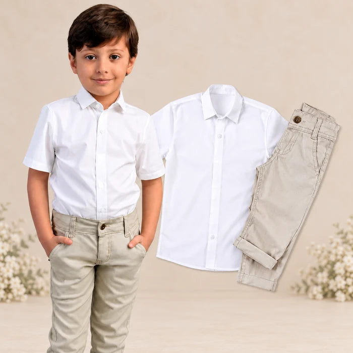 Calça Bolso Faca Sarja + Camisa Manga Curta Branca