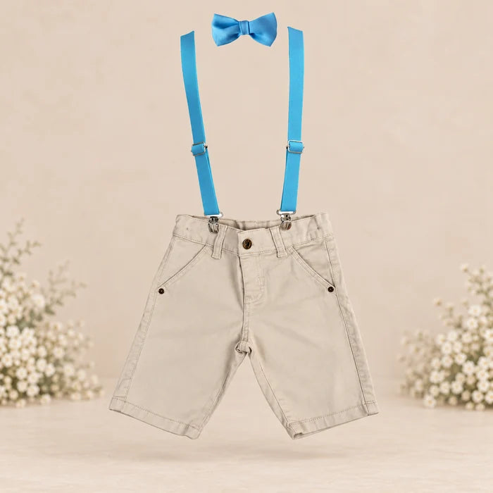 Bermuda Jeans Sarja Juvenil Com Suspensório E Gravata Borboleta Masculino