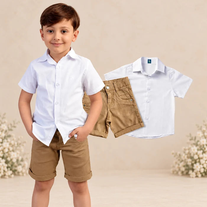 Conjunto Social Infantil Menino – Camisa Branca + Bermuda Caramelo