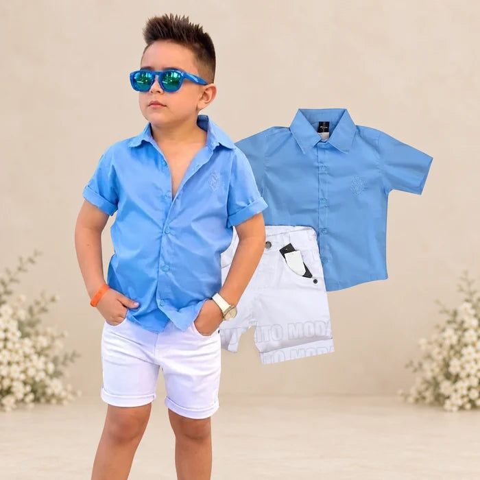 Conjunto Social Infantil Menino – Azul Claro + Bermuda Branca