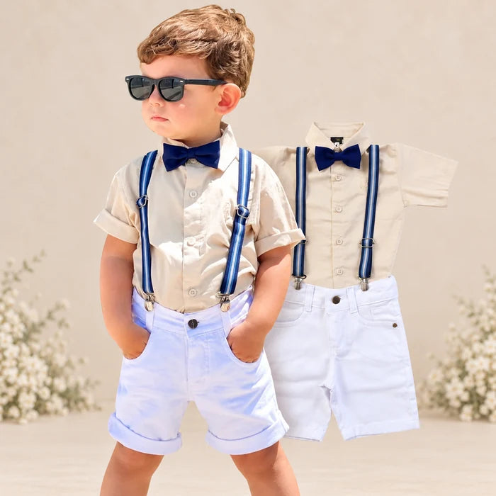 Conjunto Social Infantil Menino – Camisa Bege + Bermuda Branca