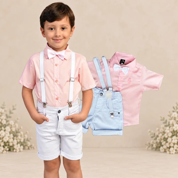 Conjunto Social Infantil Menino – Rosa Bebê + Bermuda Branca