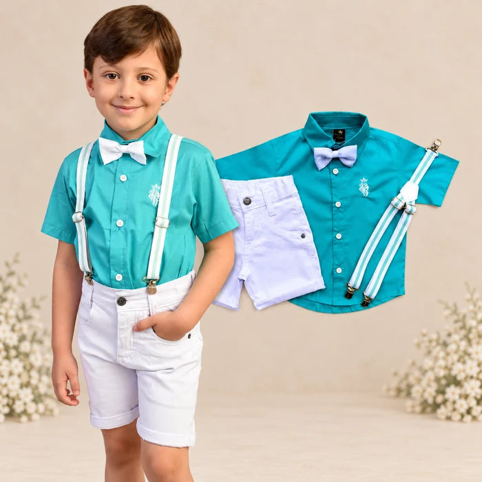 Conjunto Social Infantil Menino – Verde Tiffany + Bermuda Branca