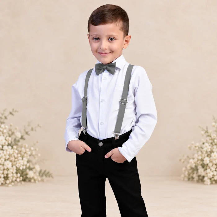 Conjunto Social Menino Calça Preta Suspensório e Gravata Cinza P ao 16