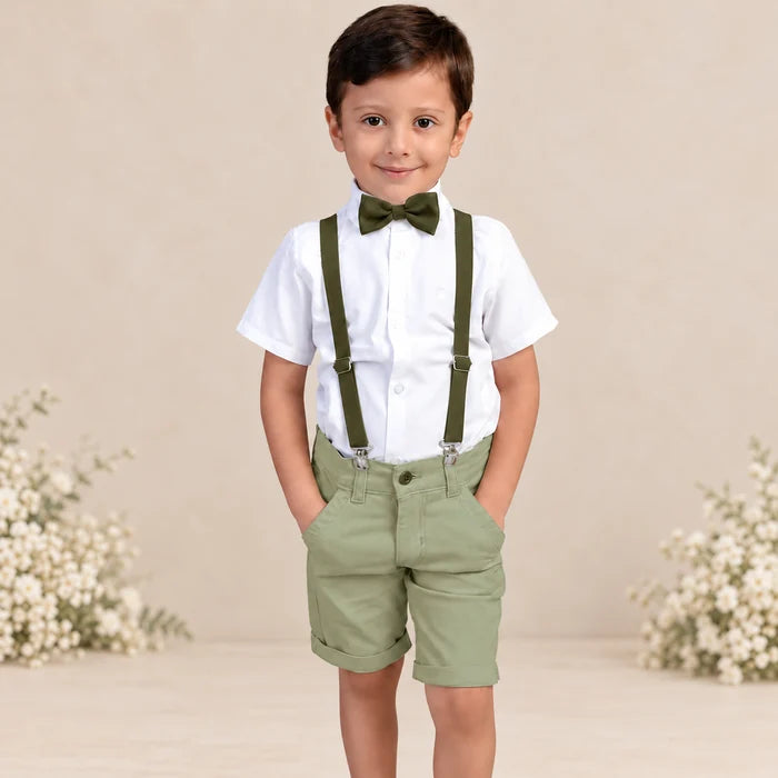 Conjunto Infantil Masculino Social Verde Oliva com Bermuda e Suspensório